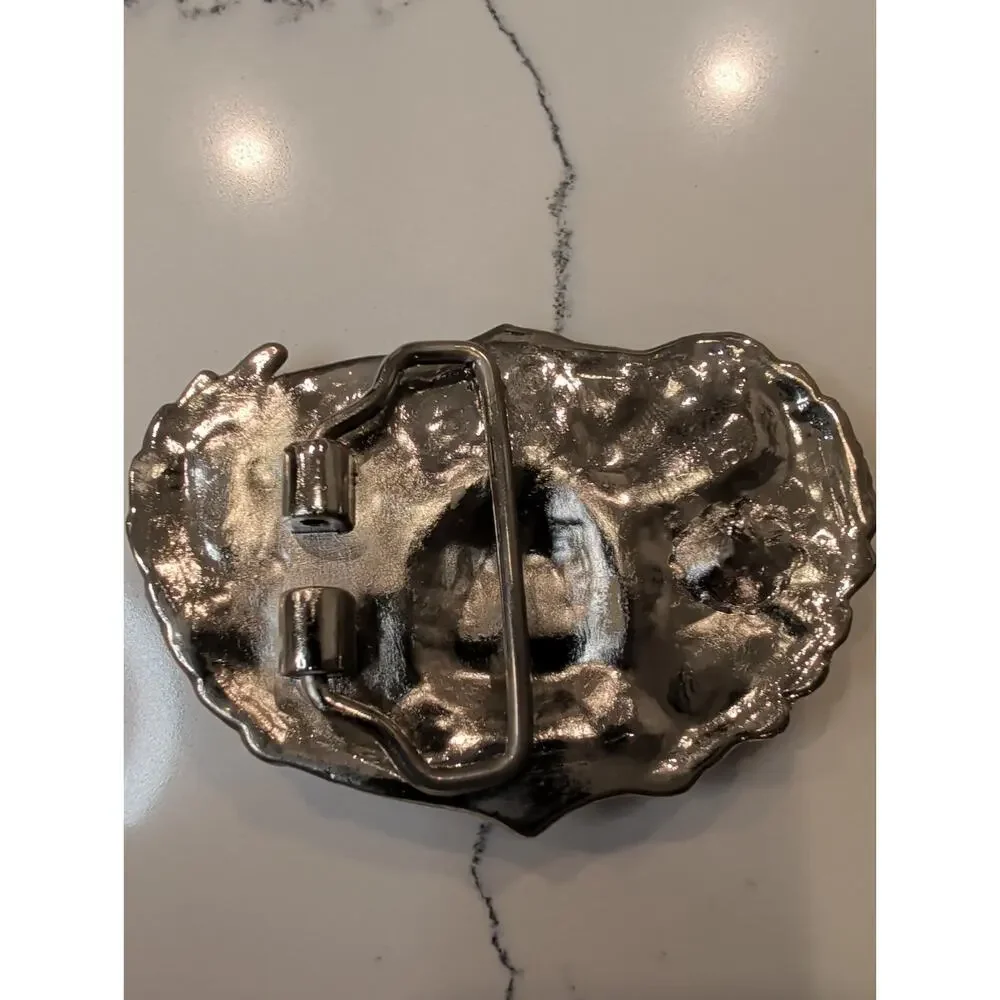 Gothic Skull Belt Buckle - Wings & Roses, Antique Silver, Punk Biker Rocker
